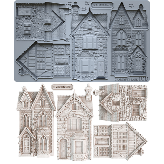 IOD Charlbury Lane Mould 6x10 – silicone mould showing architectural house cavities and finished castings by Iron Orchid Designs