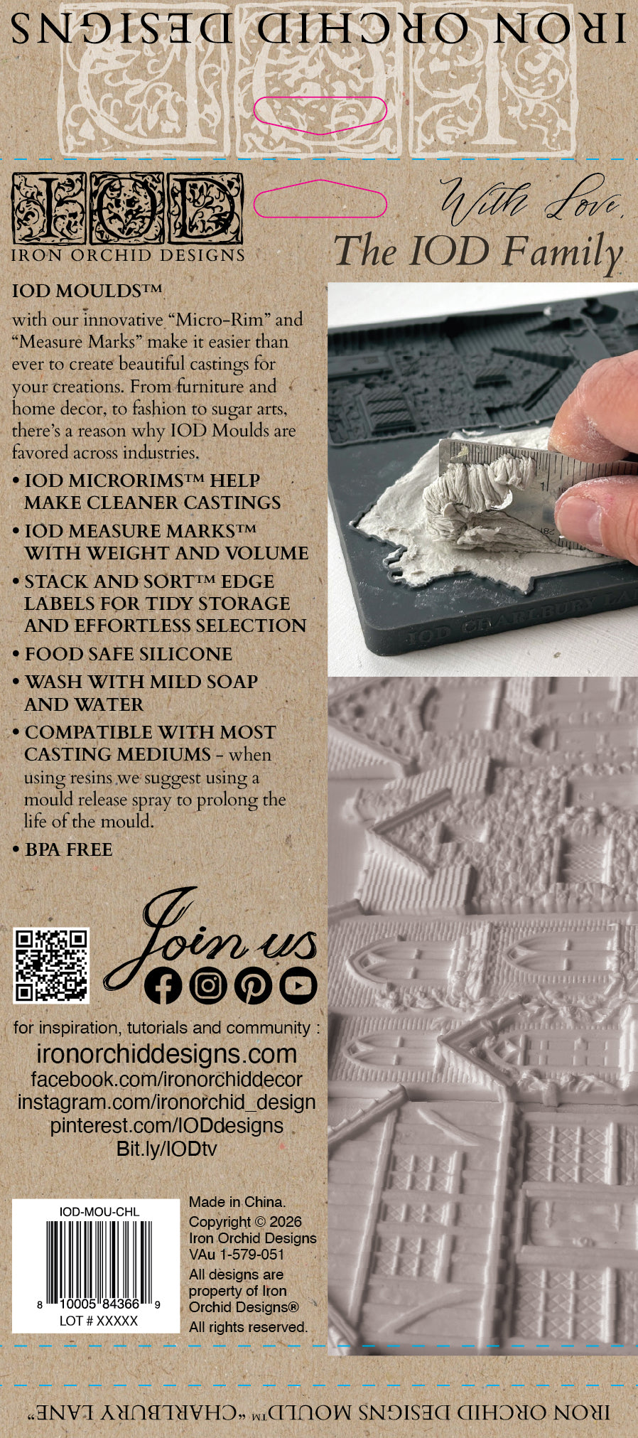 IOD Charlbury Lane Mould packaging back showing features, measure marks, and cavity volume guides