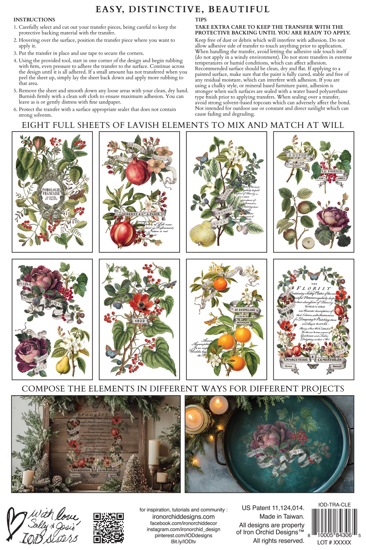 Back of IOD Clementine Transfer packaging displaying 8 transfer sheets with botanical citrus, floral designs, and project instructions