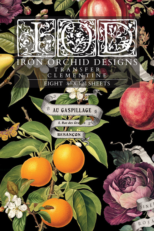 Iron Orchid Designs Clementine Transfer packaging featuring vintage oranges, citrus blossoms, and purple roses on a black background