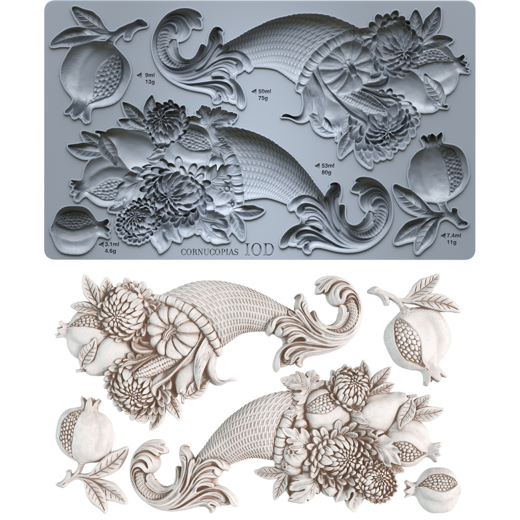 IOD Cornucopias Mould 6x10 – silicone mould and finished castings showing two cornucopias with chrysanthemums and pomegranates by Iron Orchid Designs