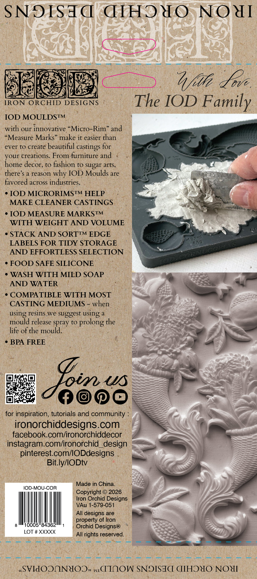 IOD Cornucopias Mould packaging back showing features, measure marks, and cavity volume guides