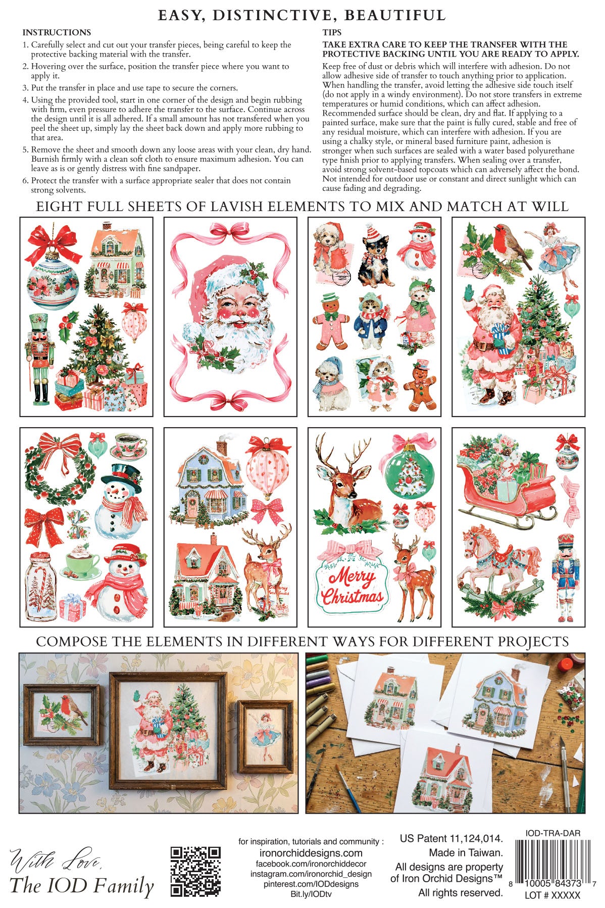 IOD Darling Holiday Transfer back packaging — instructions, tips, and all eight sheet layout previews with vintage holiday characters and scenes