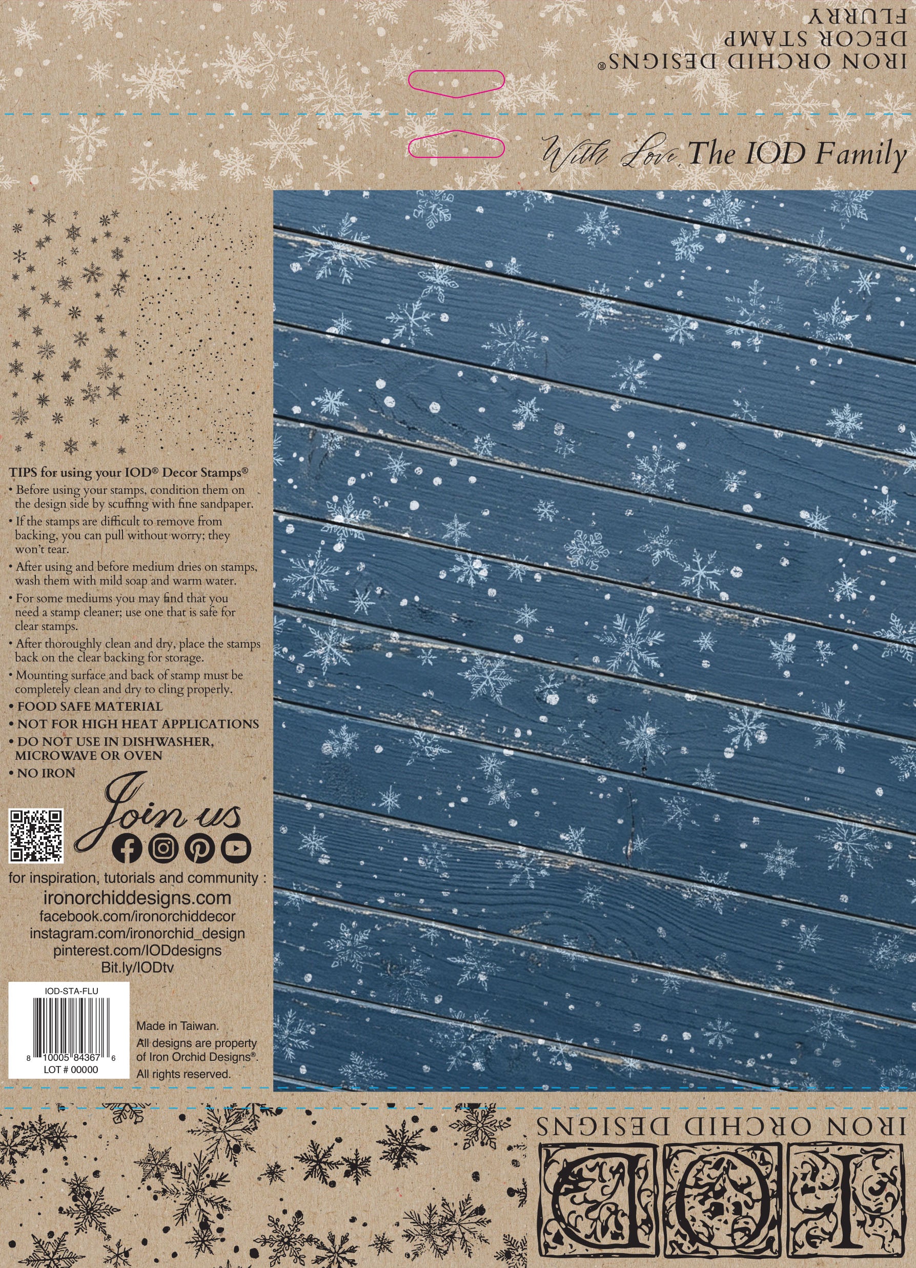 IOD Flurry Decor Stamp back packaging — usage tips, care instructions, and lifestyle photo of snowflake and dot splatter stamps used on a dark blue wood-plank surface for a wintry night effect