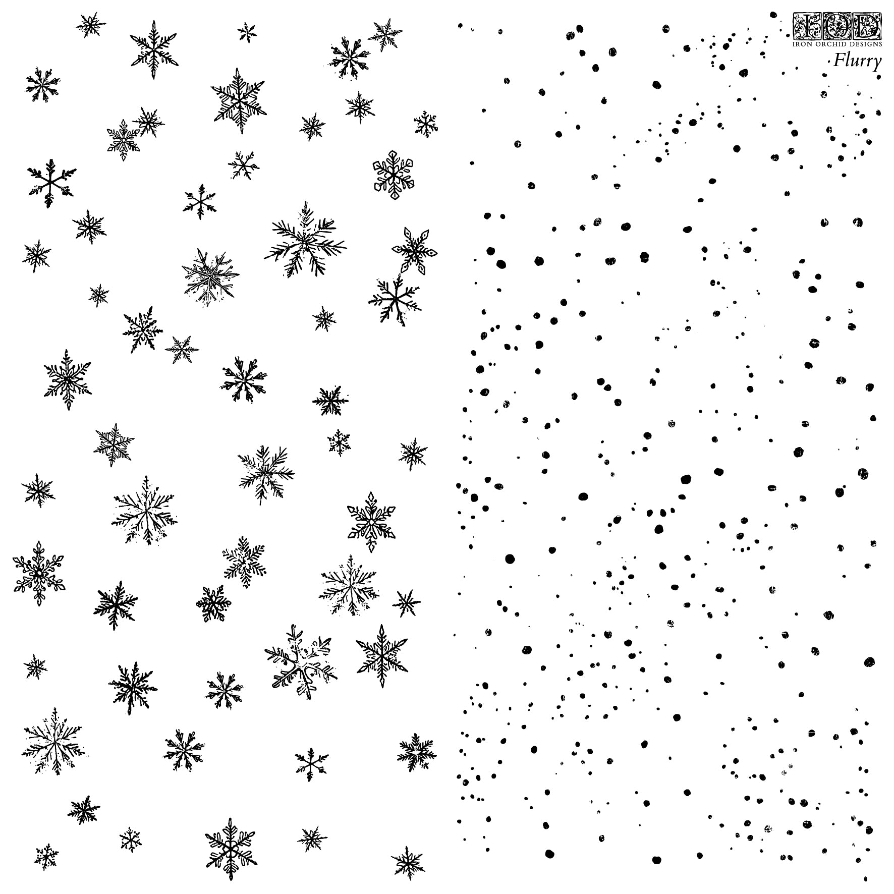 IOD Flurry Decor Stamp artwork — two background texture sheets: scattered hand-drawn snowflakes in varying sizes on the left, organic dot splatter pattern on the right