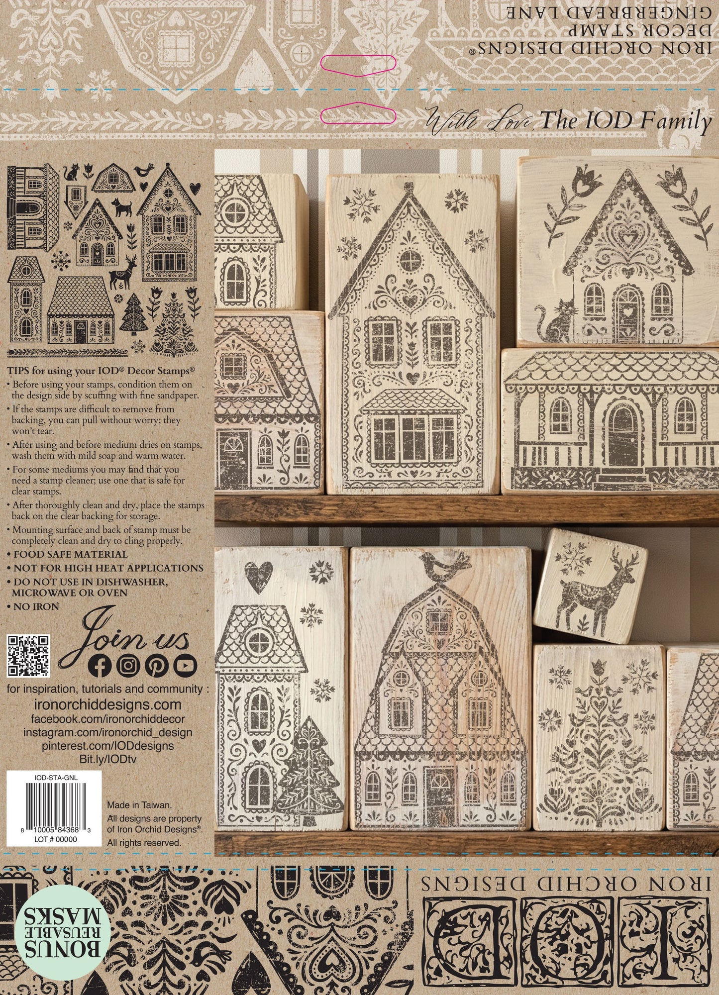 IOD Gingerbread Lane Decor Stamp back packaging — usage tips, care instructions, and lifestyle photo of stamps used on raw wood blocks to create a Christmas village display