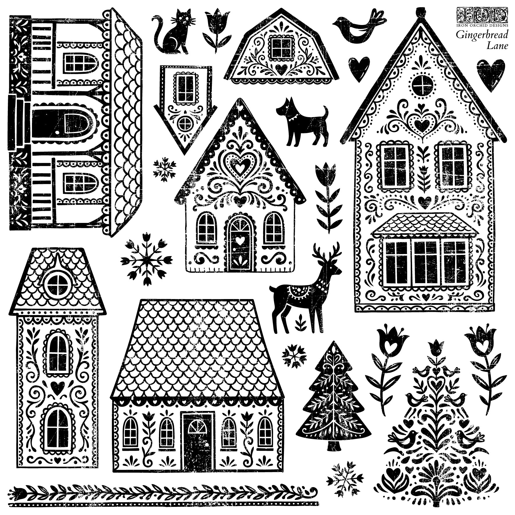 IOD Gingerbread Lane Decor Stamp artwork — full sheet showing Scandinavian folk art gingerbread houses, reindeer, cat, dog, bird, Christmas trees, tulips, snowflakes, and decorative border