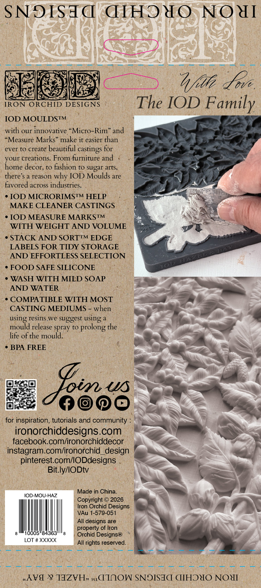 IOD Hazel & Bay Mould back packaging — product features including Micro-Rims, Measure Marks, Stack and Sort labels, food safe silicone, BPA free, and lifestyle photos of mould being used with casting medium