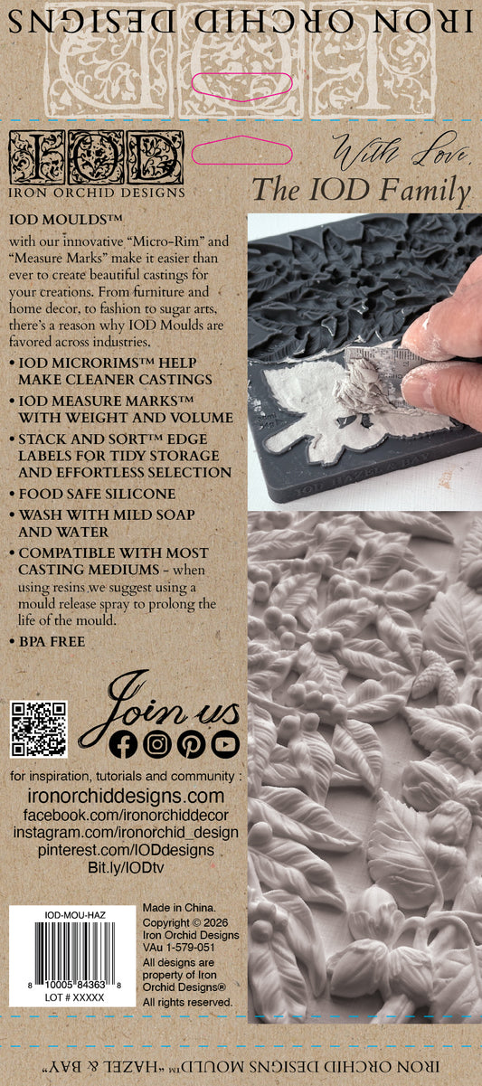 IOD Hazel & Bay Mould back packaging — product features including Micro-Rims, Measure Marks, Stack and Sort labels, food safe silicone, BPA free, and lifestyle photos of mould being used with casting medium