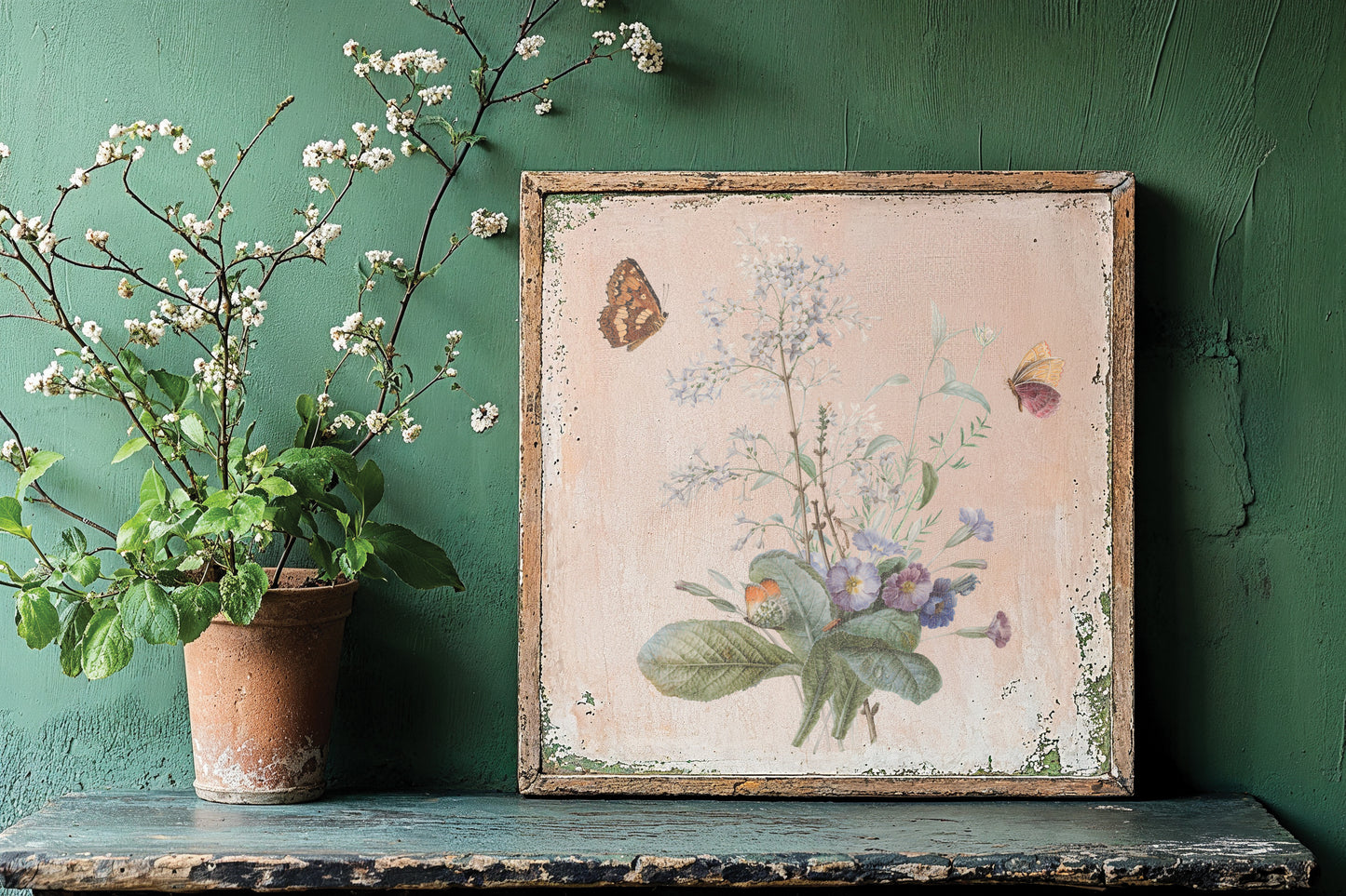 A vintage-style distressed wooden picture frame featuring a soft beige backing with the IOD Marché des Fleurs botanical transfer applied to it, showing wild blue and purple flowers and butterflies. The frame rests on a dark shelf in front of a textured sage-green wall next to a terra cotta potted plant with small white blooms.