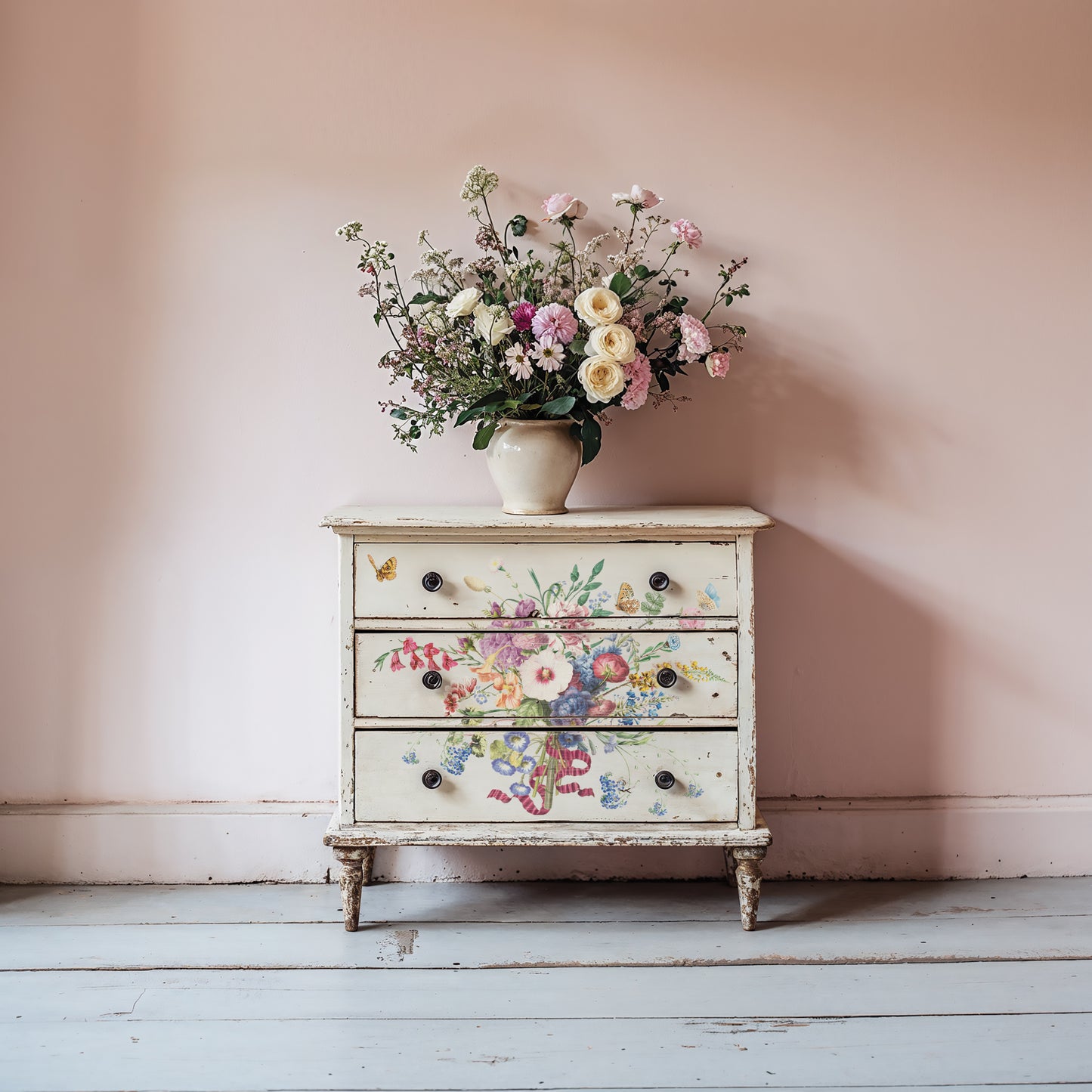 Distressed vintage dresser makeover using floral decor transfers, shown with a flower vase against a dusty pink wall.