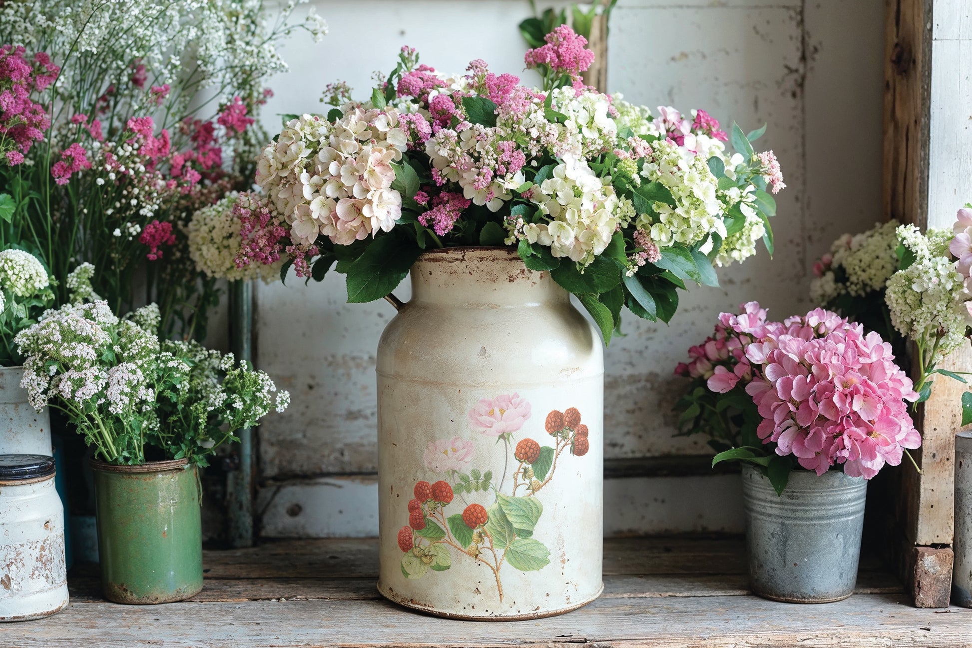 Vintage milk churn makeover featuring IOD Marché des Fleurs decor transfer with strawberries and pink hydrangeas on a rustic wooden bench.