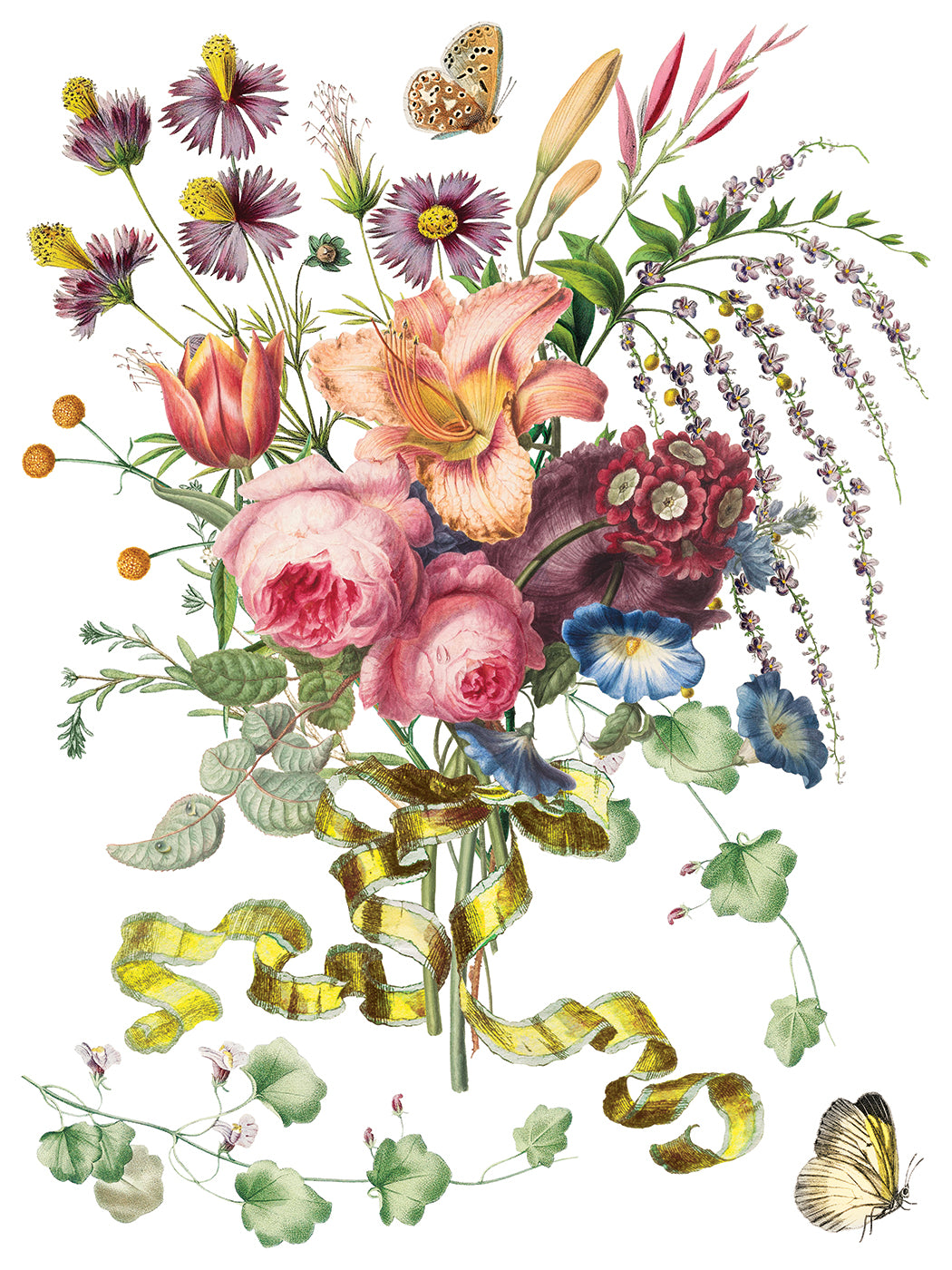 IOD Marché des Fleurs Transfer Page 6 showing vintage botanical artwork of a large arrangement of pink roses, peach lilies, purple cornflowers, and blue morning glories tied with a flowing yellow ribbon, accompanied by butterflies and delicate trailing wildflowers on a white background.