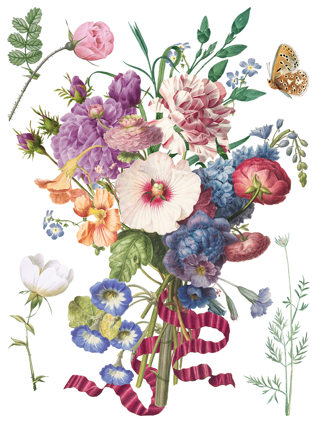 IOD Marché des Fleurs Transfer Page 8 showing vintage botanical artwork of a central bouquet of pink roses, purple mallow, blue morning glories, and white blossoms bound with a red and pink striped ribbon, surrounded by individual botanical stems and a spotted butterfly on a white background.