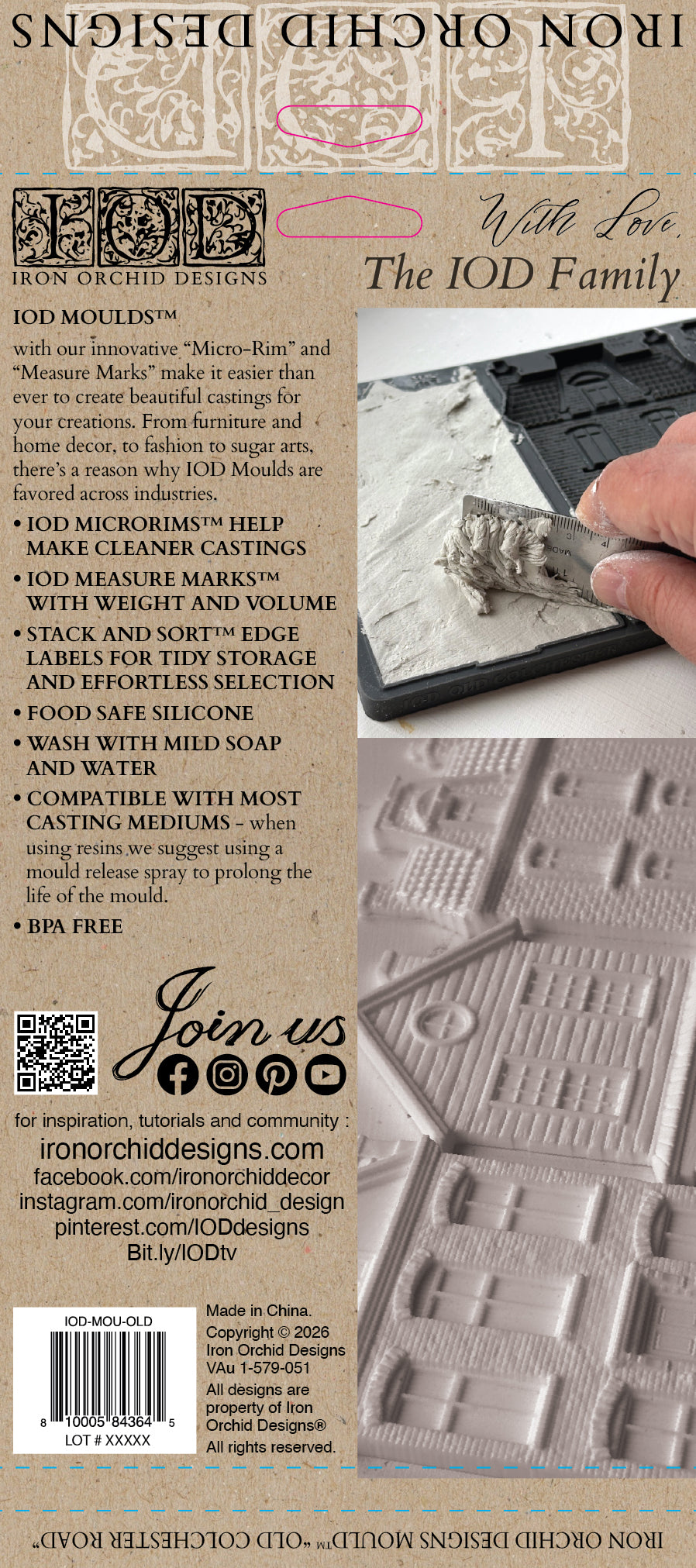 IOD Old Colchester Road Mould back packaging — product features including Micro-Rims, Measure Marks, Stack and Sort labels, food safe silicone, BPA free, and lifestyle photos of mould in use with casting medium