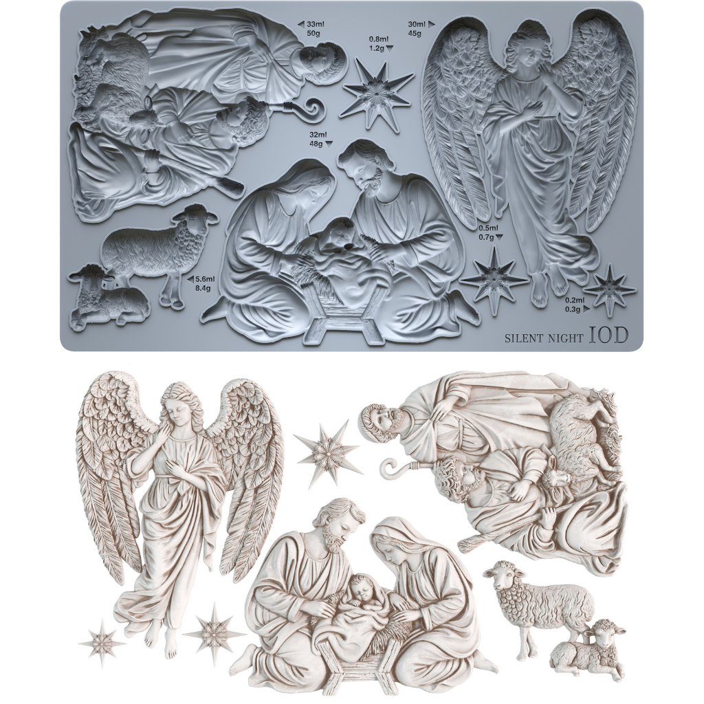 IOD Silent Night Mould 6x10 – silicone mould and finished castings showing Nativity scene, angel, shepherds, lambs and stars by Iron Orchid Designs