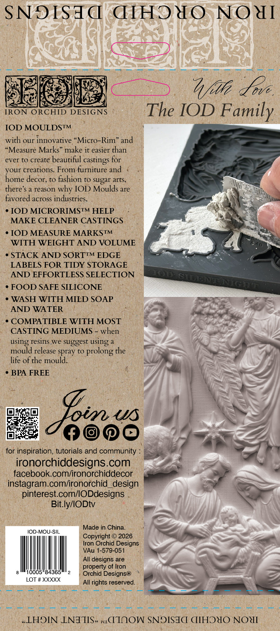 IOD Silent Night Mould packaging back showing features, measure marks, SKU IOD-MOU-SIL and cavity volume guides