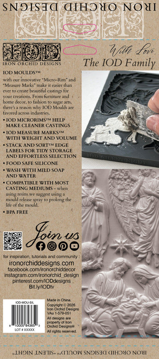 IOD Silent Night Mould packaging back showing features, measure marks, SKU IOD-MOU-SIL and cavity volume guides