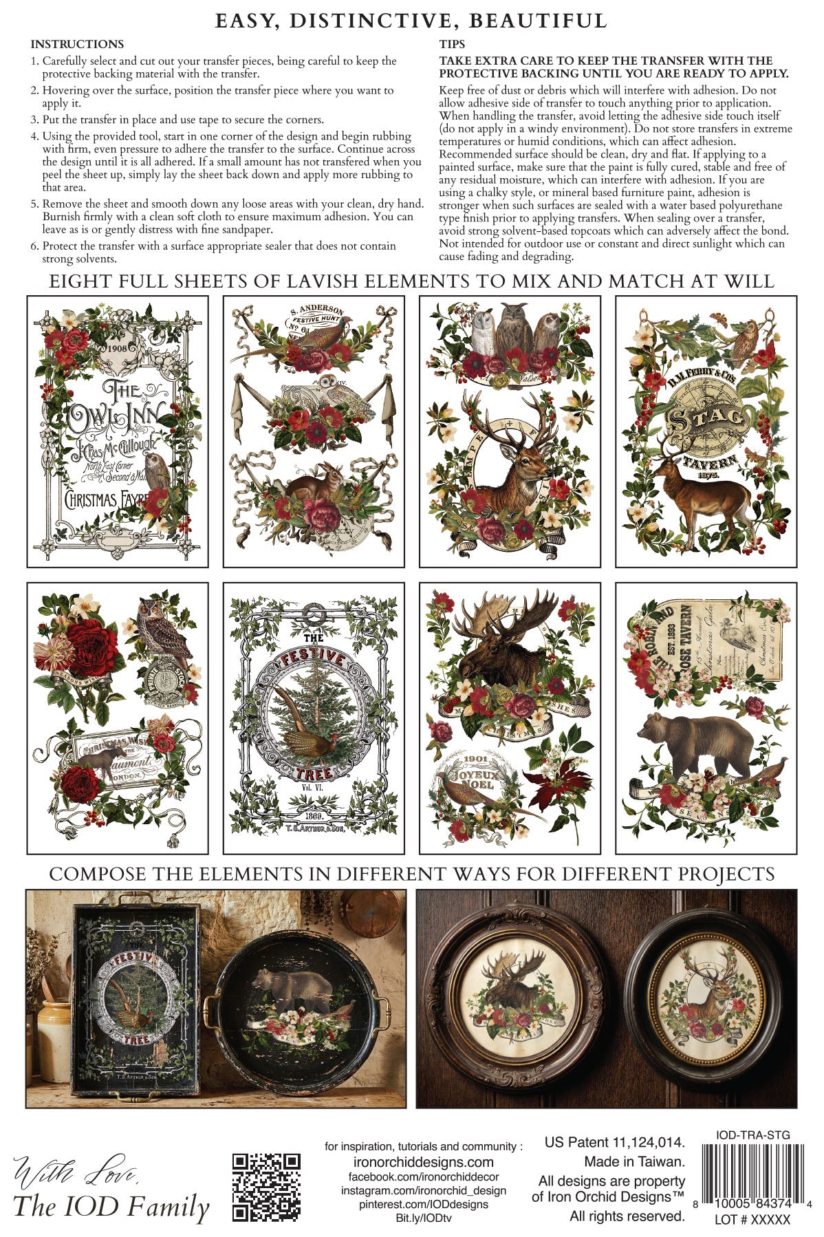 IOD Stag Tavern Transfer back packaging — instructions, tips, and all eight sheet layout previews including Owl Inn, Stag Tavern, and Rose Tavern designs
