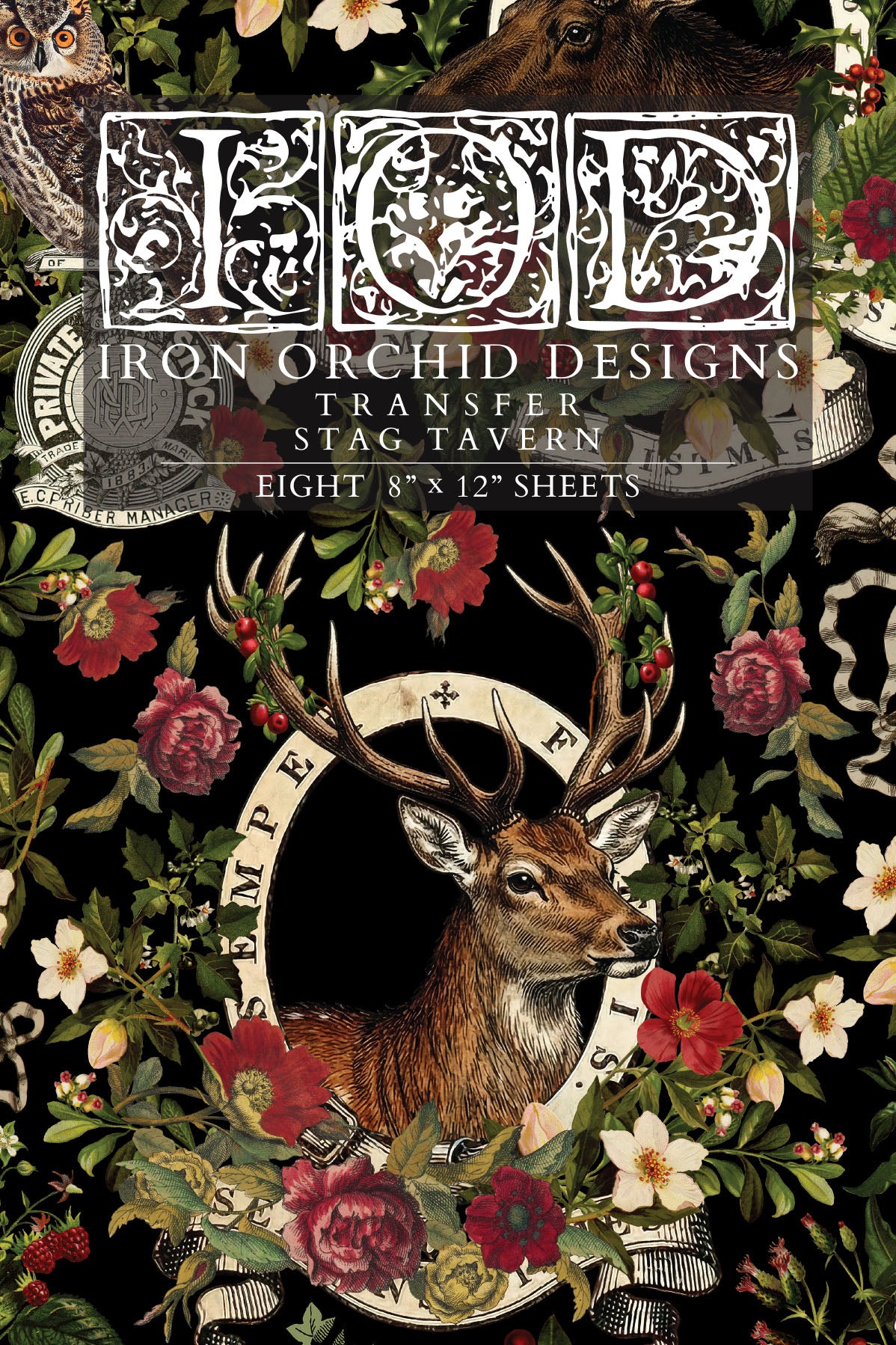 IOD Stag Tavern Transfer front packaging — dramatic dark-palette design with engraved stag, roses, holly, and Victorian botanical elements