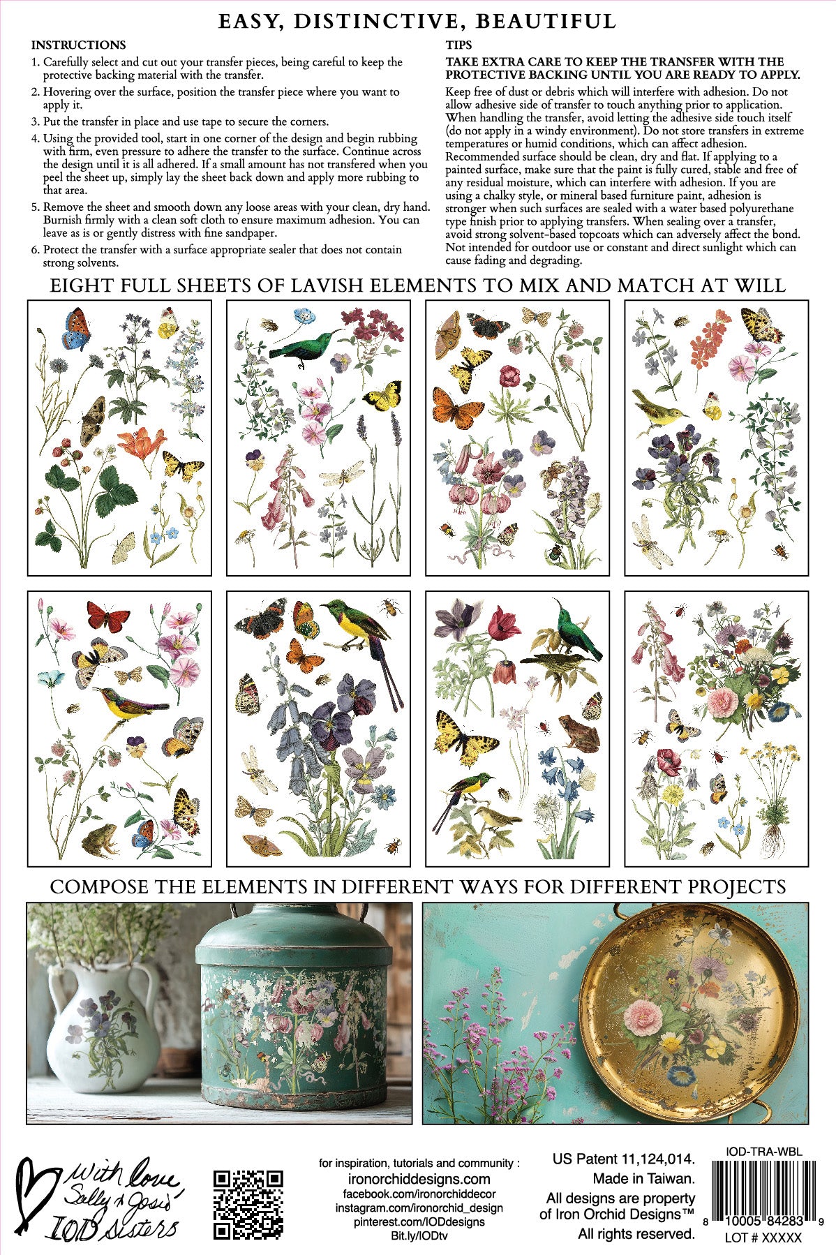 Sheet of floral and nature-themed stickers with various designs on a white background. IOD Iron Orchid Designs Wilde Beoemen Transfer