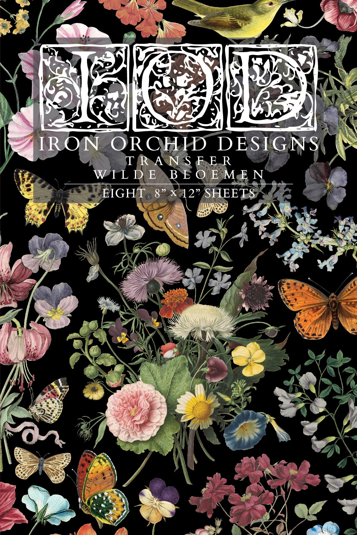 Iron Orchid Designs floral and butterfly transfer sheet with IOD logo on a black background