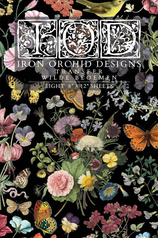 Iron Orchid Designs floral and butterfly transfer sheet with IOD logo on a black background