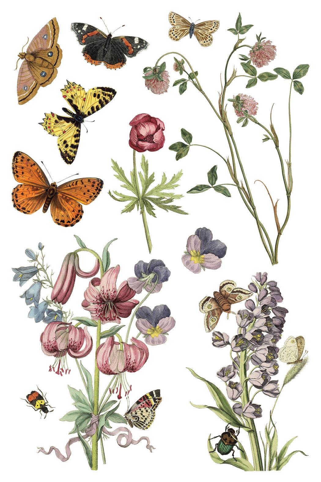 Illustration of butterflies and flowers on a white background. IOD Iron Orchid Designs Wilde Beoemen Transfer page 3