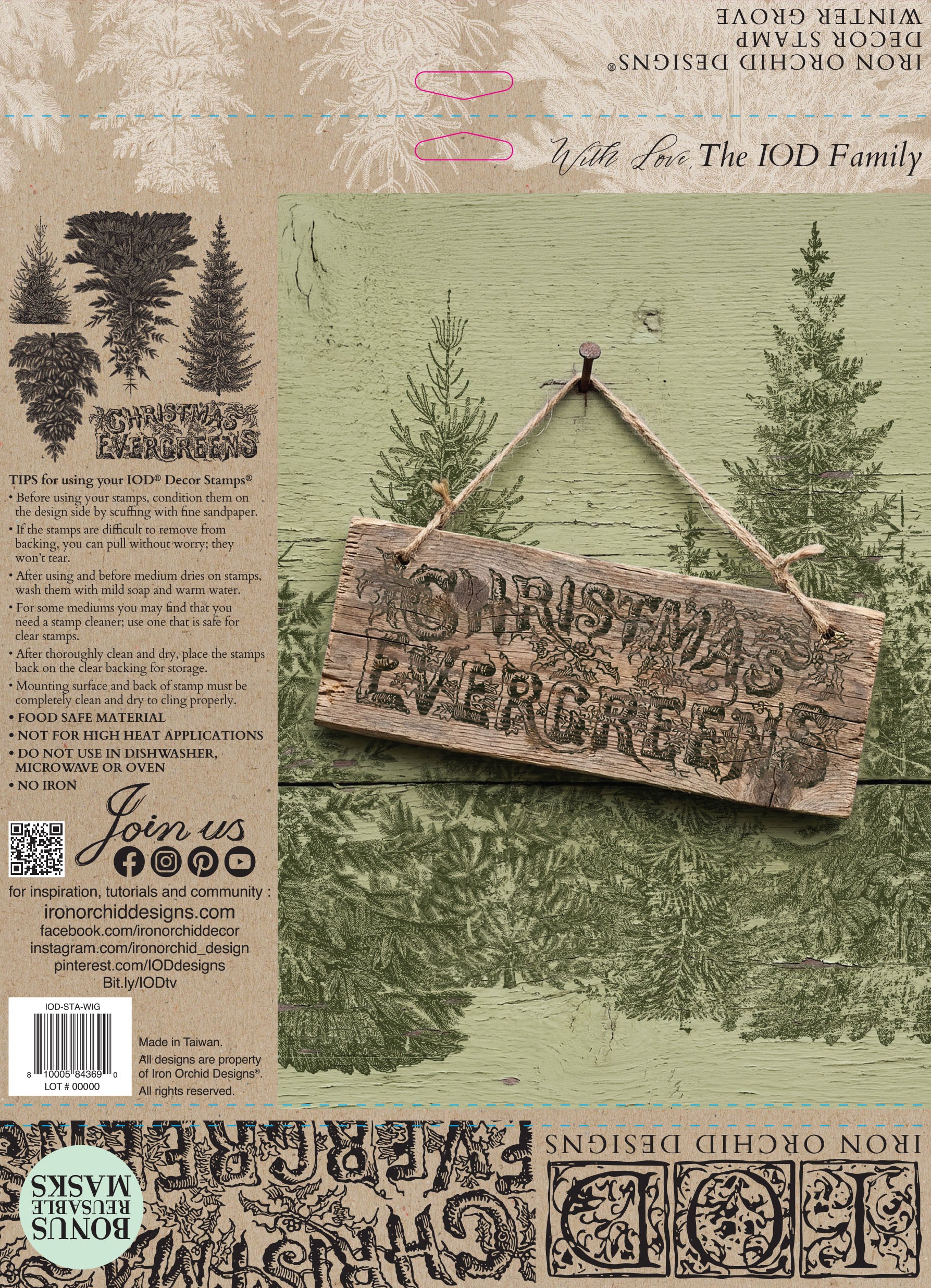 IOD Christmas Evergreens Decor Stamp back packaging — usage tips, stamp care instructions, and lifestyle photo of Christmas Evergreens stamped wooden sign with bonus reusable masks