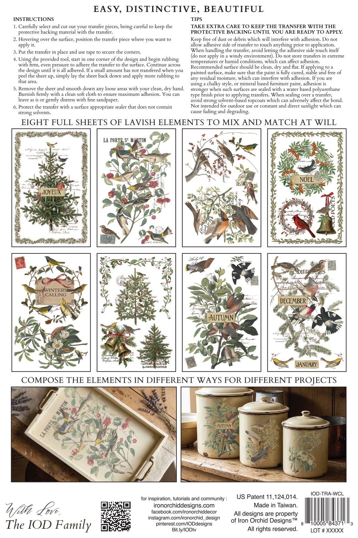 IOD Winter's Calling Transfer back packaging — instructions, tips, and sheet layout previews
