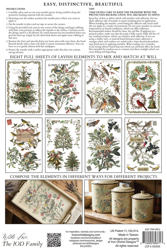 IOD Winter's Calling Transfer back packaging — instructions, tips, and sheet layout previews