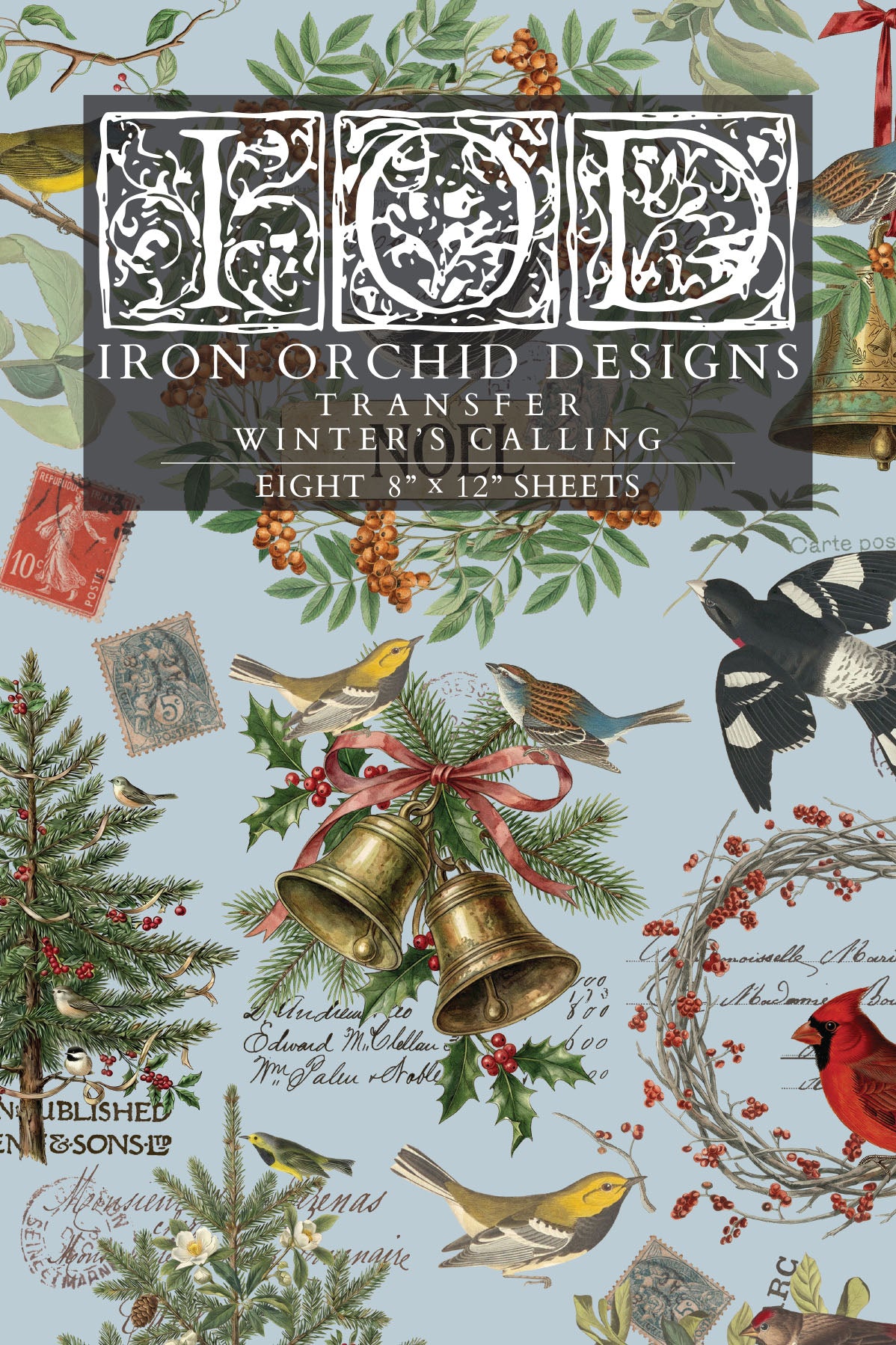 IOD Winter's Calling Transfer front packaging — eight 8x12 sheets with birds, bells, holly, and botanical winter elements