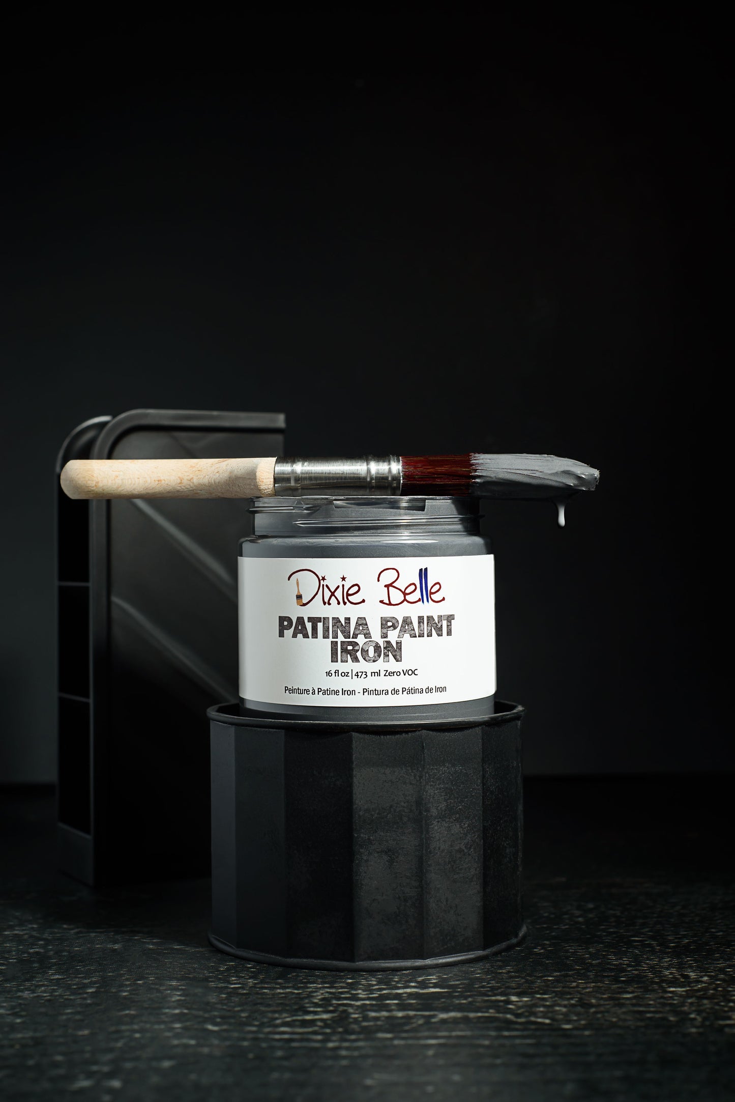 Dixie Belle Patina Paint Iron 16oz jar product shot with brush