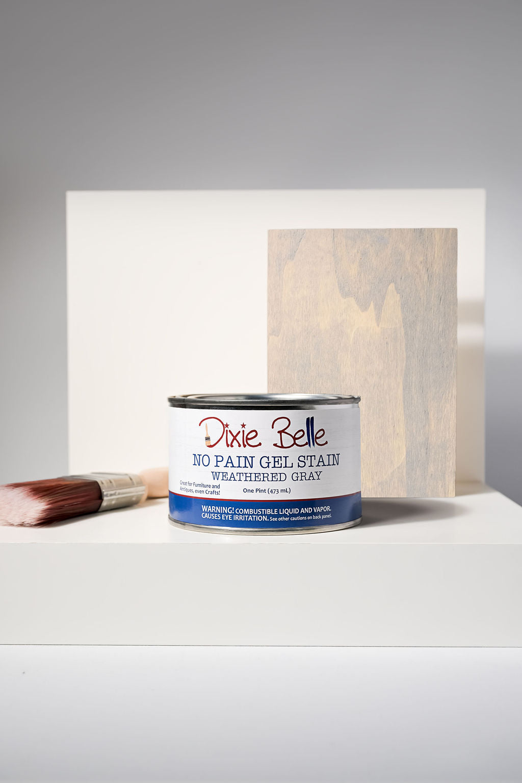 Dixie Belle No Pain Gel Stain Weathered Gray one pint can with brush and wood sample
