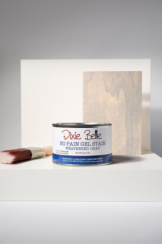 Dixie Belle No Pain Gel Stain Weathered Gray one pint can with brush and wood sample