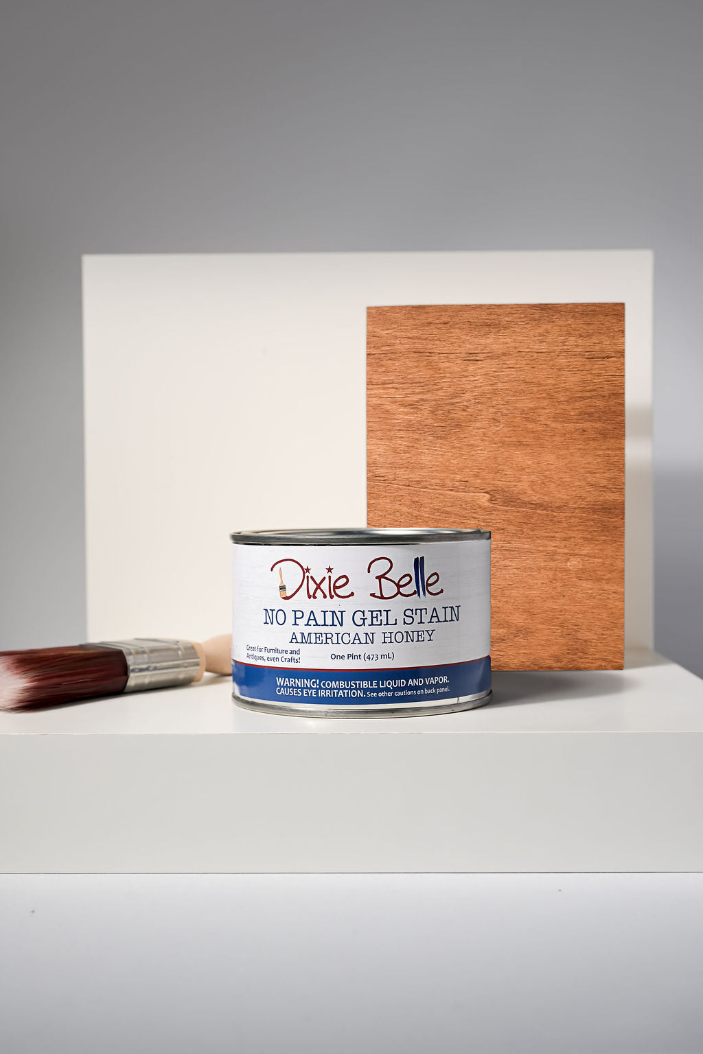 Dixie Belle No Pain Gel Stain American Honey one pint can with brush and warm golden wood sample