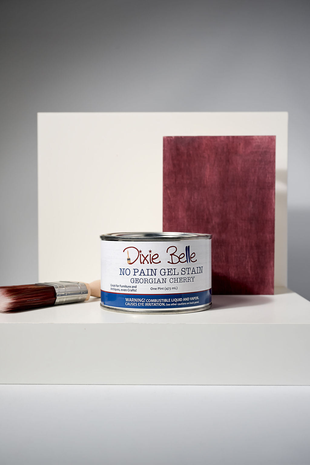 Dixie Belle No Pain Gel Stain Georgian Cherry one pint can with brush and deep burgundy wood sample
