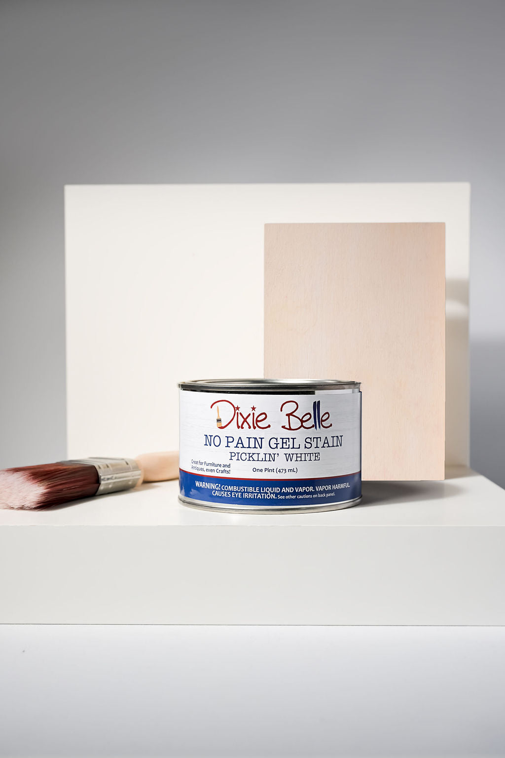 Dixie Belle No Pain Gel Stain Picklin White one pint can with brush and light wood sample