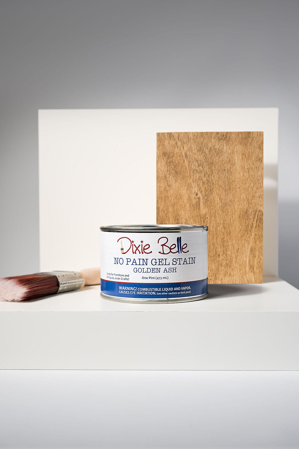 Dixie Belle No Pain Gel Stain Golden Ash one pint can with brush and warm golden-brown wood sample