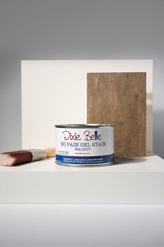 Dixie Belle No Pain Gel Stain Walnut one pint can with brush and wood sample