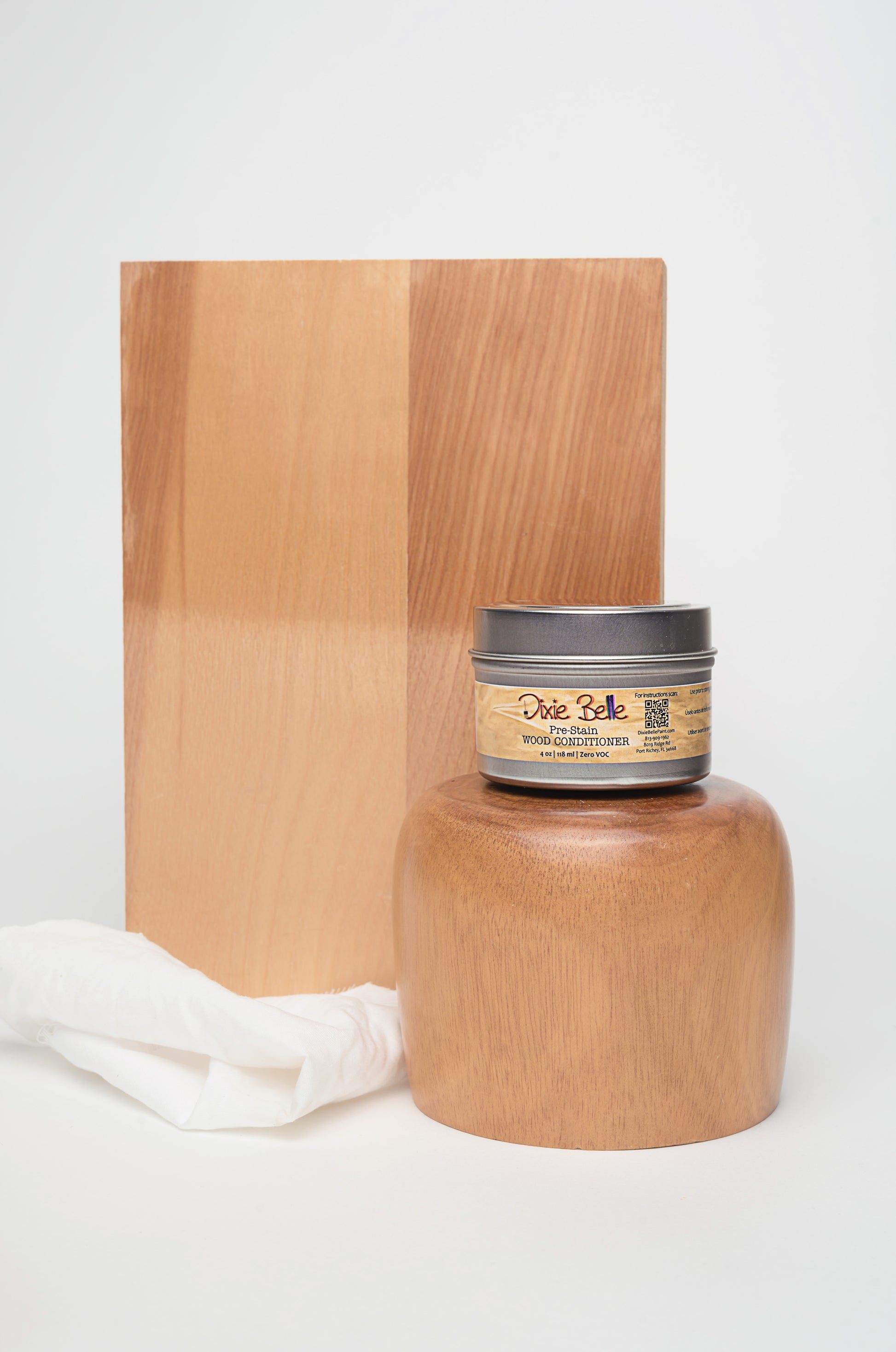 Dixie Belle Pre-Stain Wood Conditioner 4oz open tin showing product texture