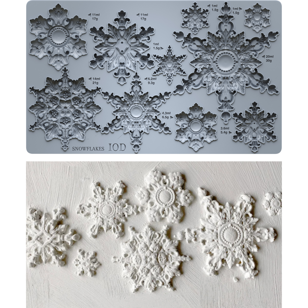 IOD Snowflakes Mould by Iron Orchid Designs showing silicone mould and white clay castings of ornate snowflake shapes