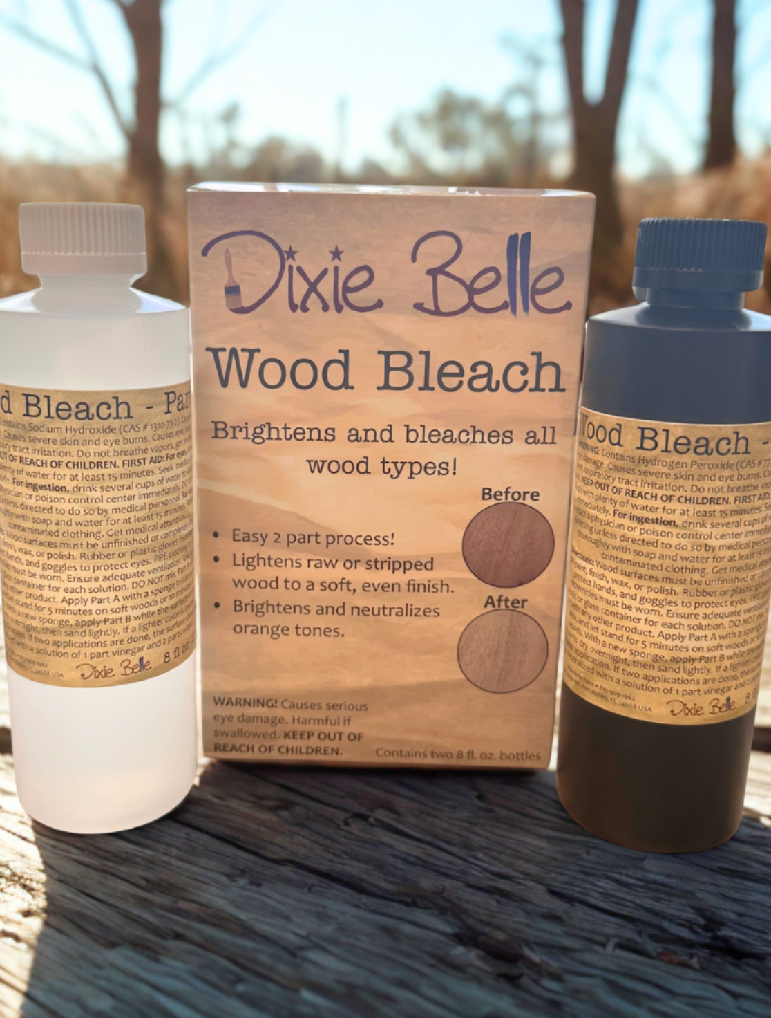Dixie Belle Wood Bleach Kit box with Part A and Part B bottles outdoors