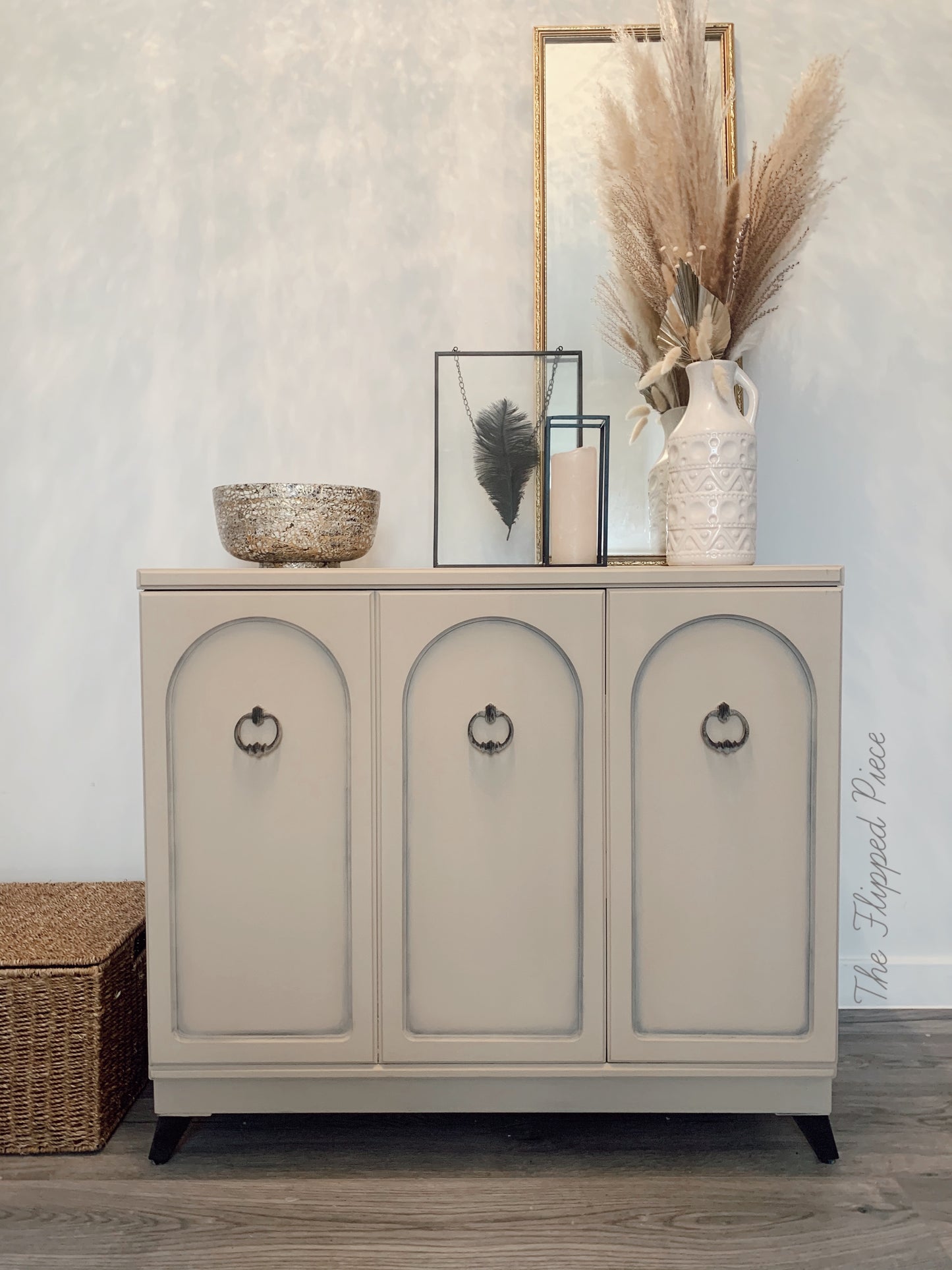 Vintage dresser painted with Dixie Belle Burlap Chalk Mineral Paint for a farmhouse furniture makeover The Flipped Piece