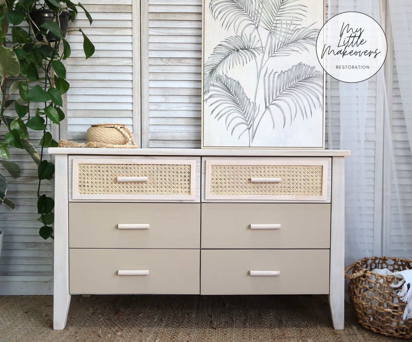 Vintage dresser painted with Dixie Belle Burlap Chalk Mineral Paint for a farmhouse furniture makeover My Little Makeover