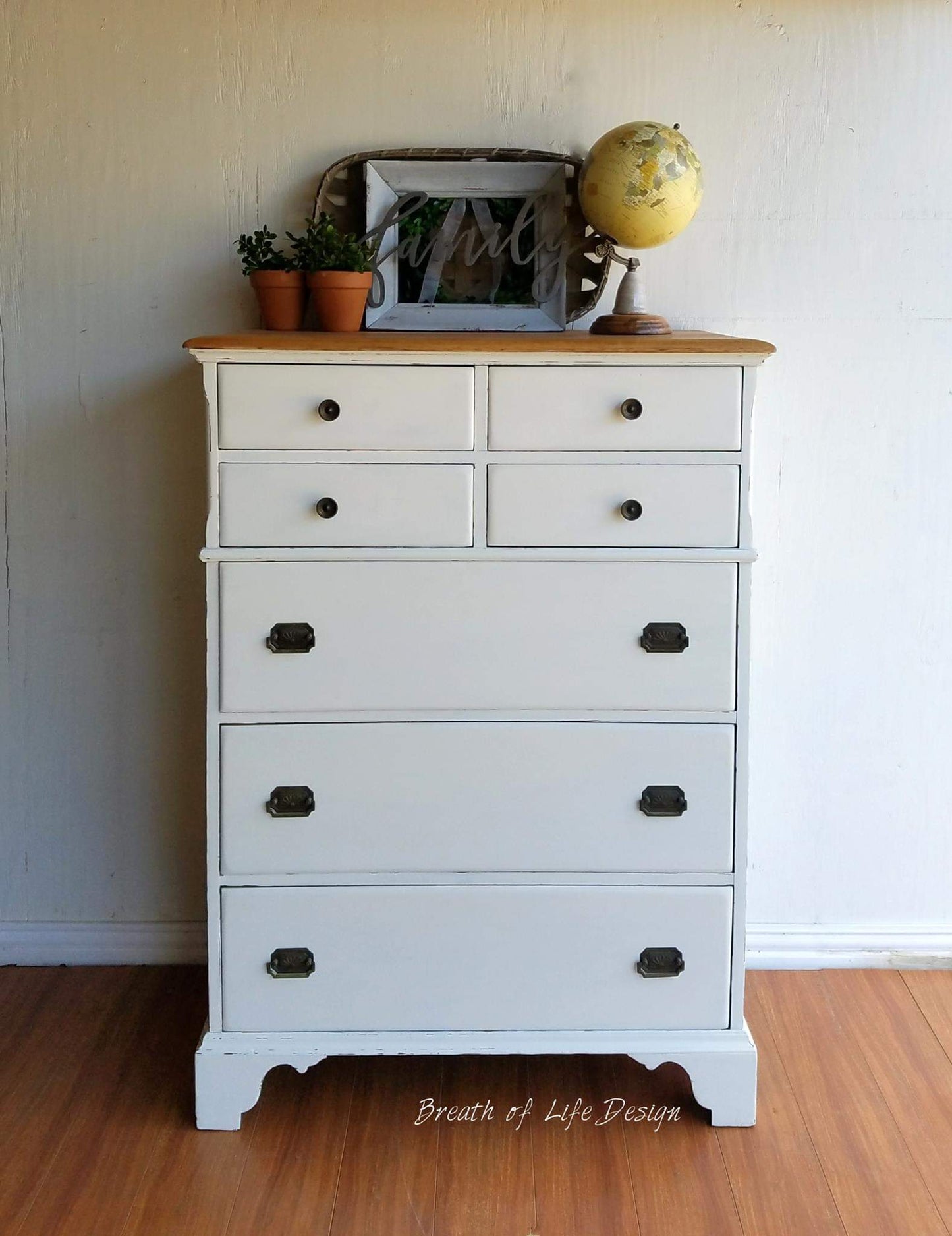 Vintage dresser painted with Dixie Belle Buttercream Chalk Mineral Paint for a warm farmhouse furniture makeover Chest of Drawers