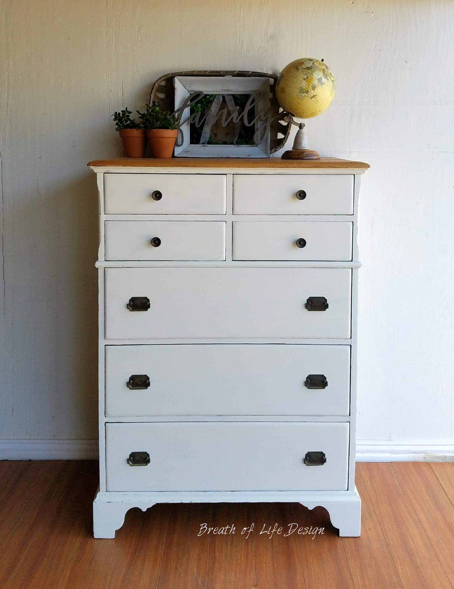 Vintage dresser painted with Dixie Belle Buttercream Chalk Mineral Paint for a warm farmhouse furniture makeover Chest of Drawers