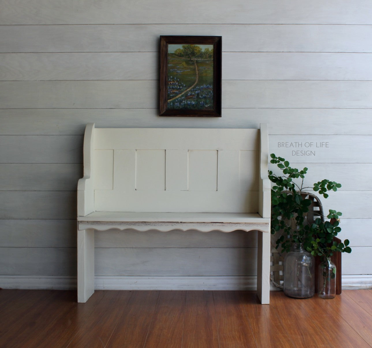 Vintage dresser painted with Dixie Belle Buttercream Chalk Mineral Paint for a warm farmhouse furniture makeover Breath of Life Design Bench