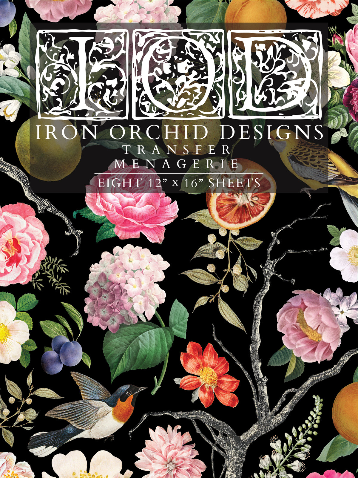 Iron Orchid Designs transfer menagerie packaging with floral and nature-themed design on a black background.