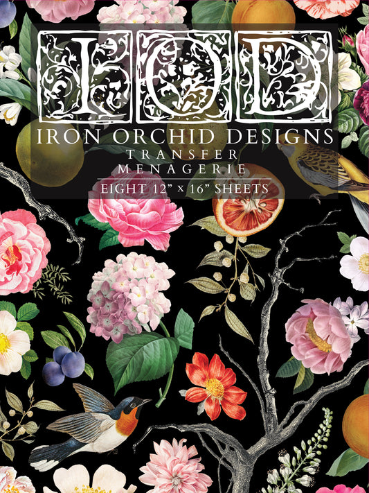 Iron Orchid Designs transfer menagerie packaging with floral and nature-themed design on a black background.